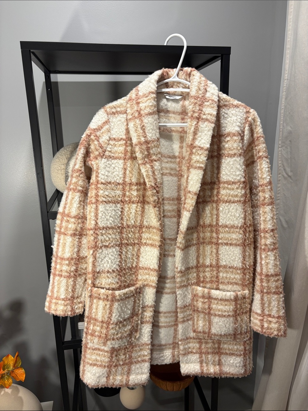 159 Cozy Plaid Shawl Collar Coatigan - Cream & Tan